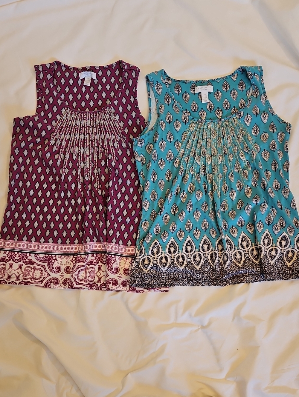 Charter Club Sleeveless Printed Smocked Tank Tops - Teal & Burgundy
